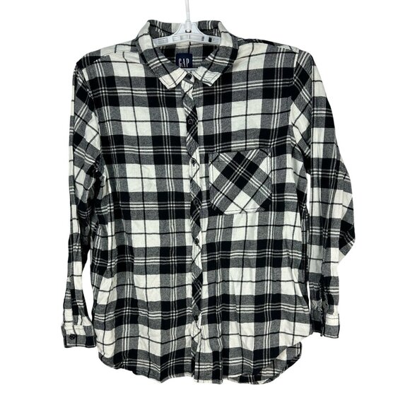 Gap Womens Black & White Plaid Button Flannel Shirt XL Long Sleeve Casual Cotton - Picture 1 of 10